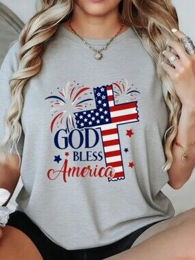 God Bless America Patriotic Cross Tee -  Gray